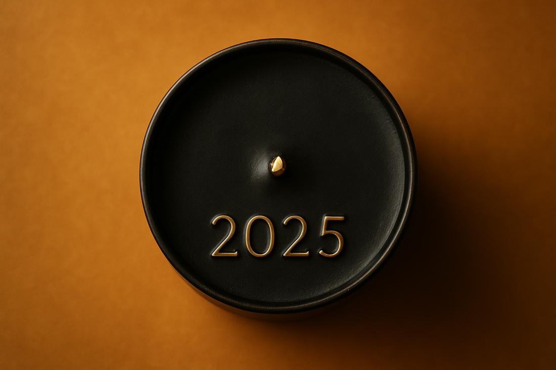 black candle on a brown back ground with the date on 2025 made by Esmeralda candle co