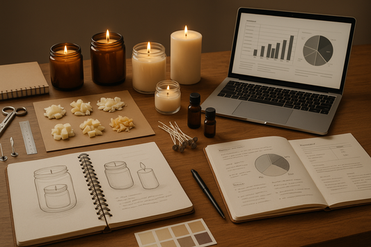 candles, books and a laptop on a desk starting a candle business