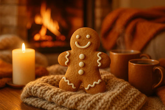 Gingerbread man with a lit candle, warm knitted blanket, and mugs in a cosy winter setting by the fireplace