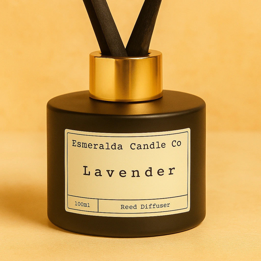 Esmeralda Candle Co Lavender reed diffuser, 100ml matte black bottle with gold collar and black reeds, calming floral scent for home fragrance.