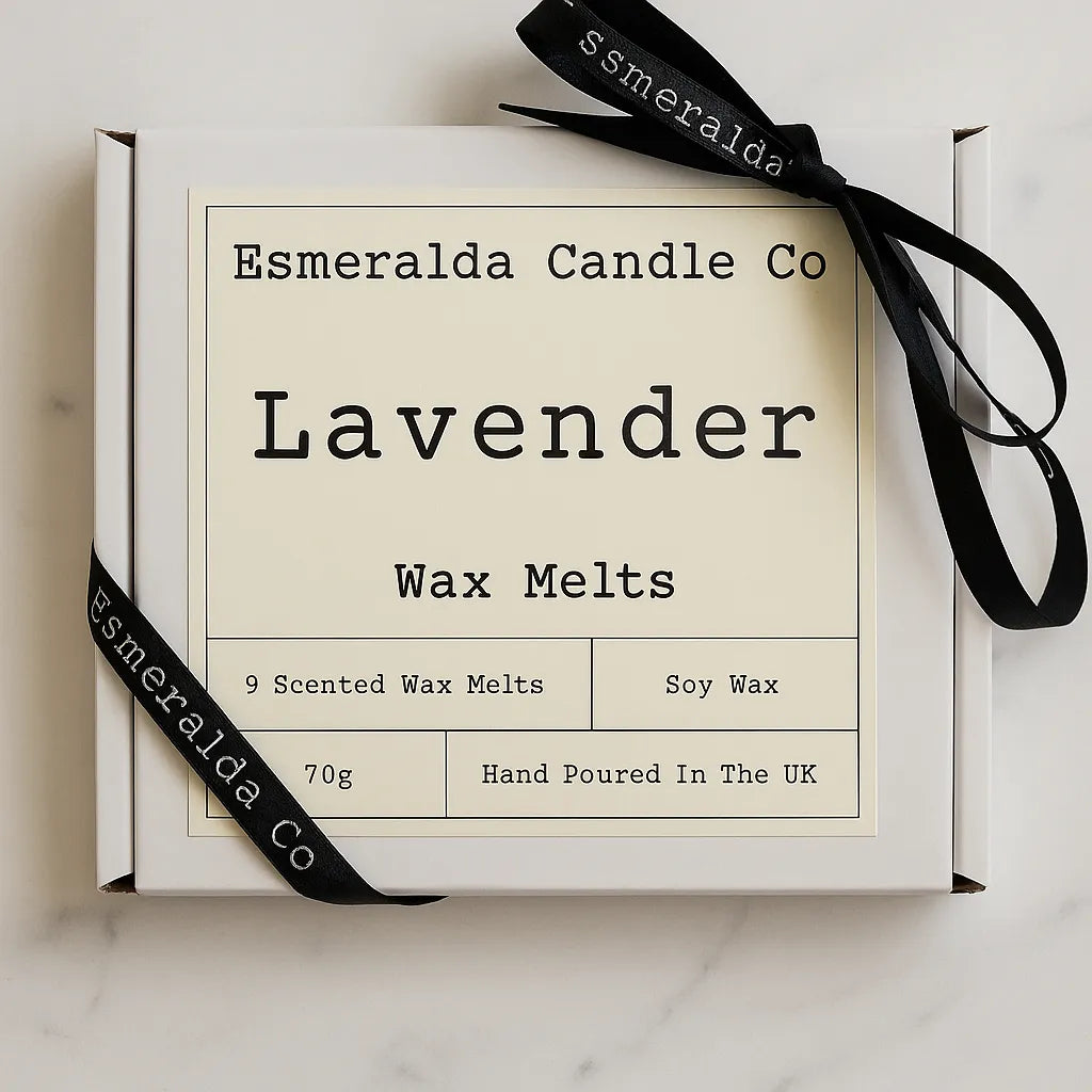 A white box labelled 'Esmeralda Candle Co – Lavender Wax Melts' tied with a black ribbon, containing 9 soy wax melts