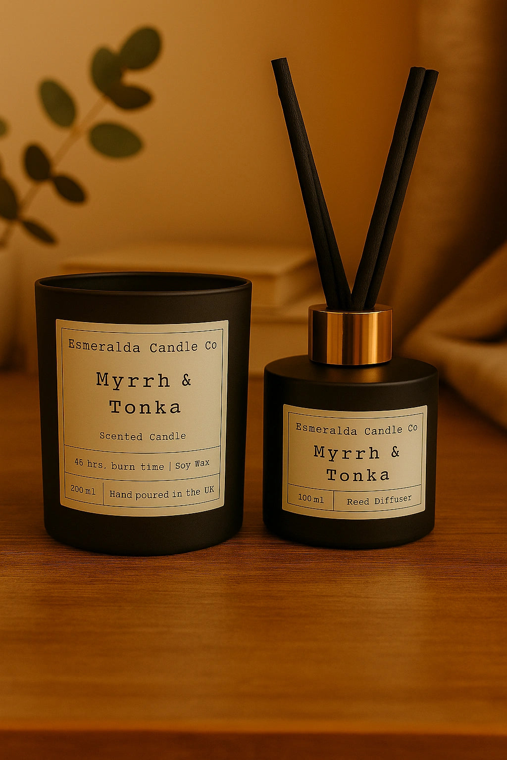 Esmeralda Candle Co Myrrh & Tonka gift set featuring a 200ml soy wax candle and 100ml reed diffuser, elegantly packaged together.