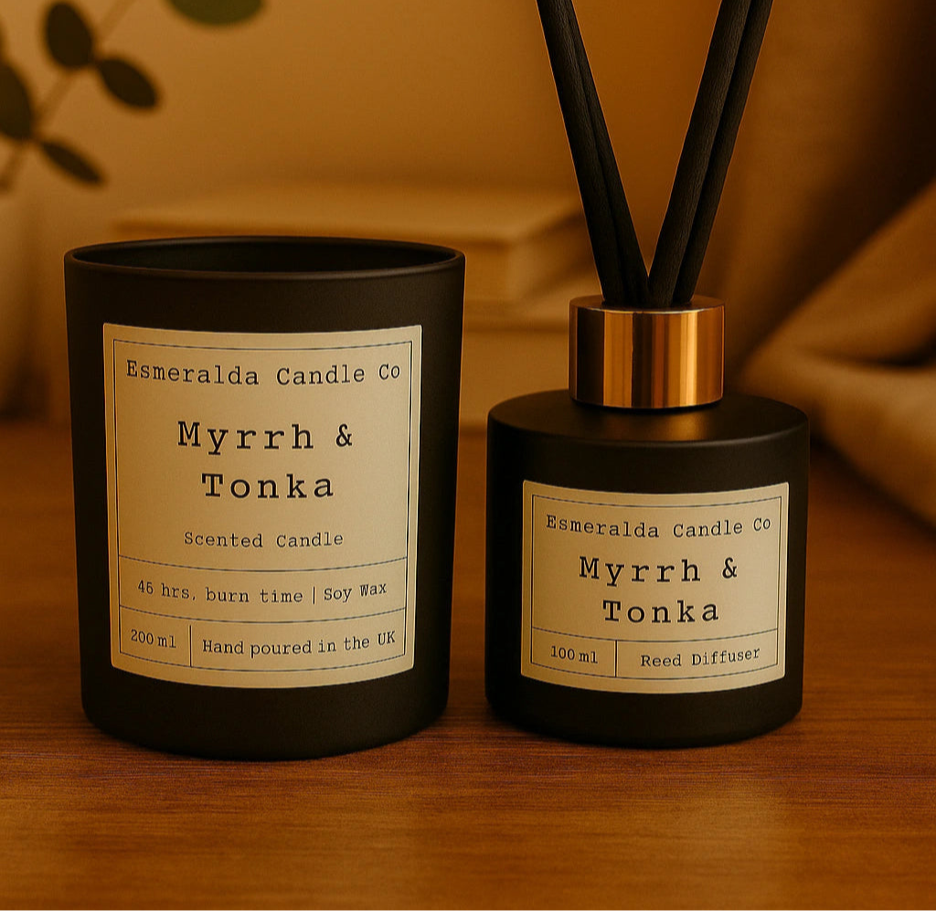 Esmeralda Candle Co Myrrh & Tonka gift set featuring a 200ml soy wax candle and 100ml reed diffuser, elegantly packaged together.