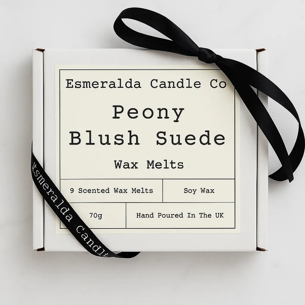 Esmeralda Candle Co Peony Blush Suede wax melts gift box with 9 scented soy wax melts, 70g, hand poured in the UK, floral luxury fragrance.