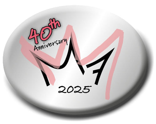 Logo button for 40th Anniversary 2025 featuring a stylized crown design with pink and black accents