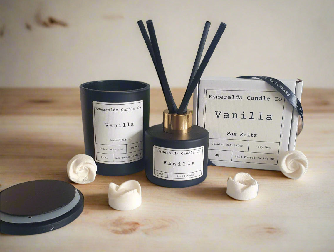 Vanilla-scented diffuser with packaging on a tiled surface