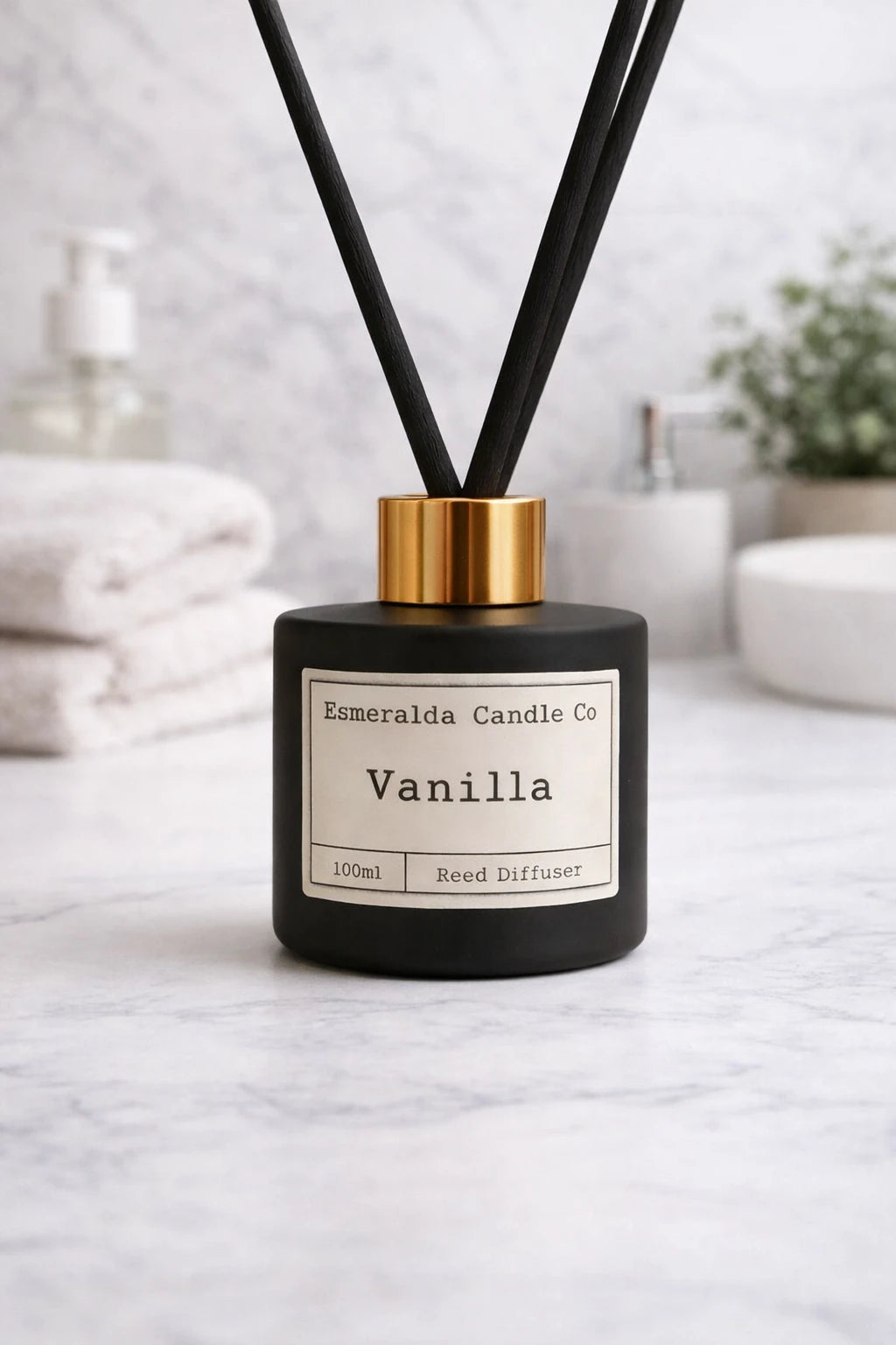 Esmeralda Candle Co vanilla reed diffuser styled on marbel table