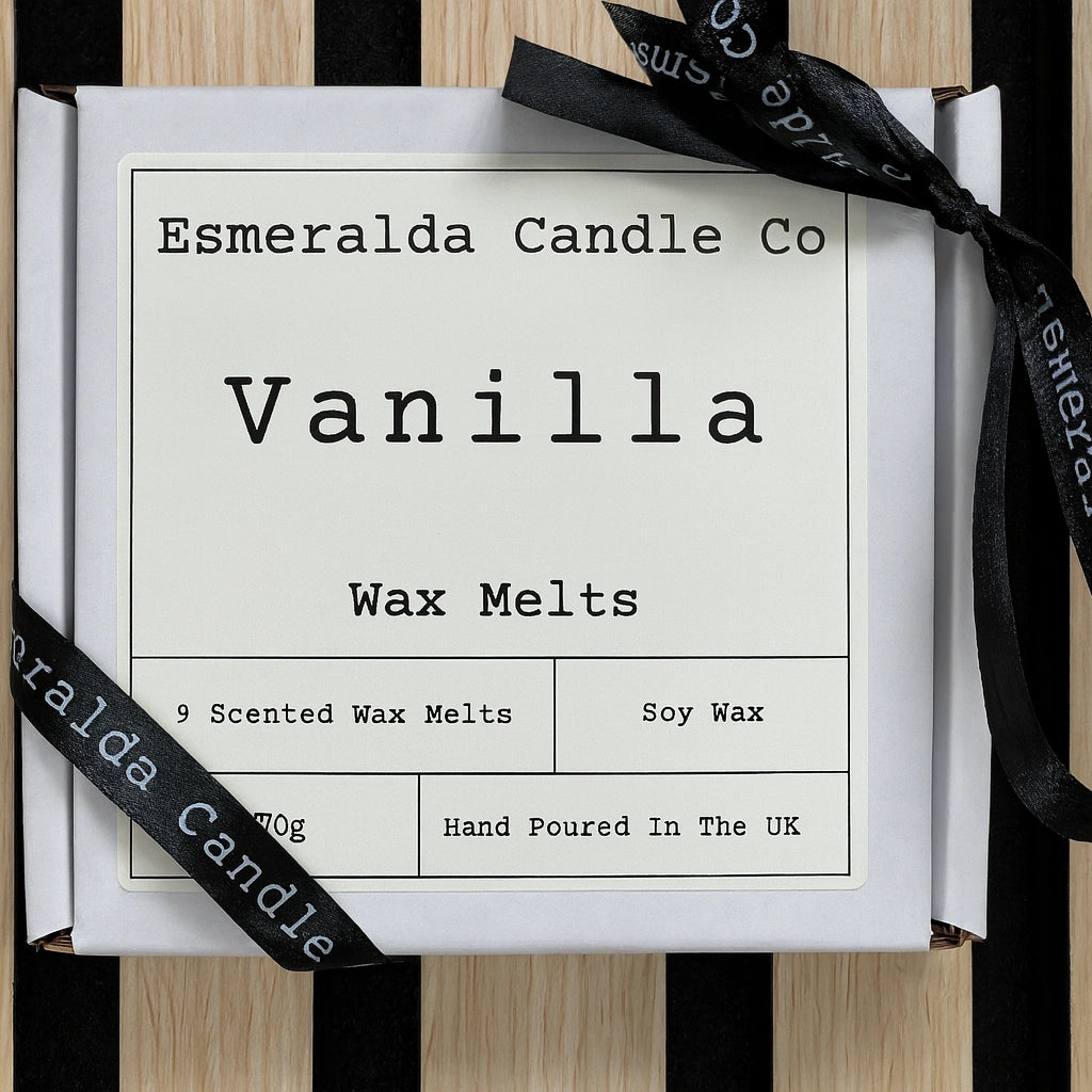 Esmeralda Candle Co Vanilla wax melts gift box with 9 scented soy wax melts, 70g, hand poured in the UK, warm sweet home fragrance.