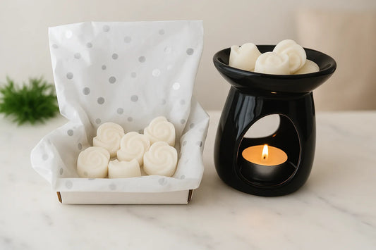 Esmeralda Candle Co white rose-shaped wax melts in a gift box and melting in a black ceramic wax warmer with a tealight candle, on a marble countertop.