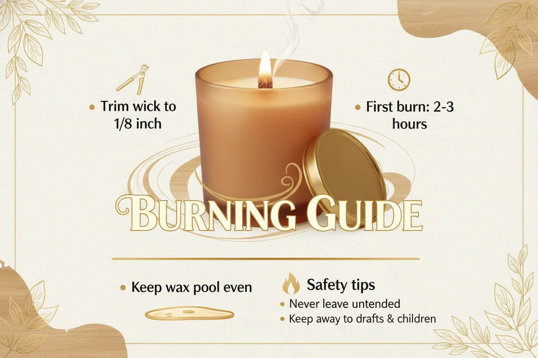 Wood wick candle care infographic showing how to trim the wick, first burn duration, keeping wax even, and safety tips.