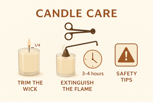 Candle care image with candle and quotes like, trim the wick, safety tips on a light cream background