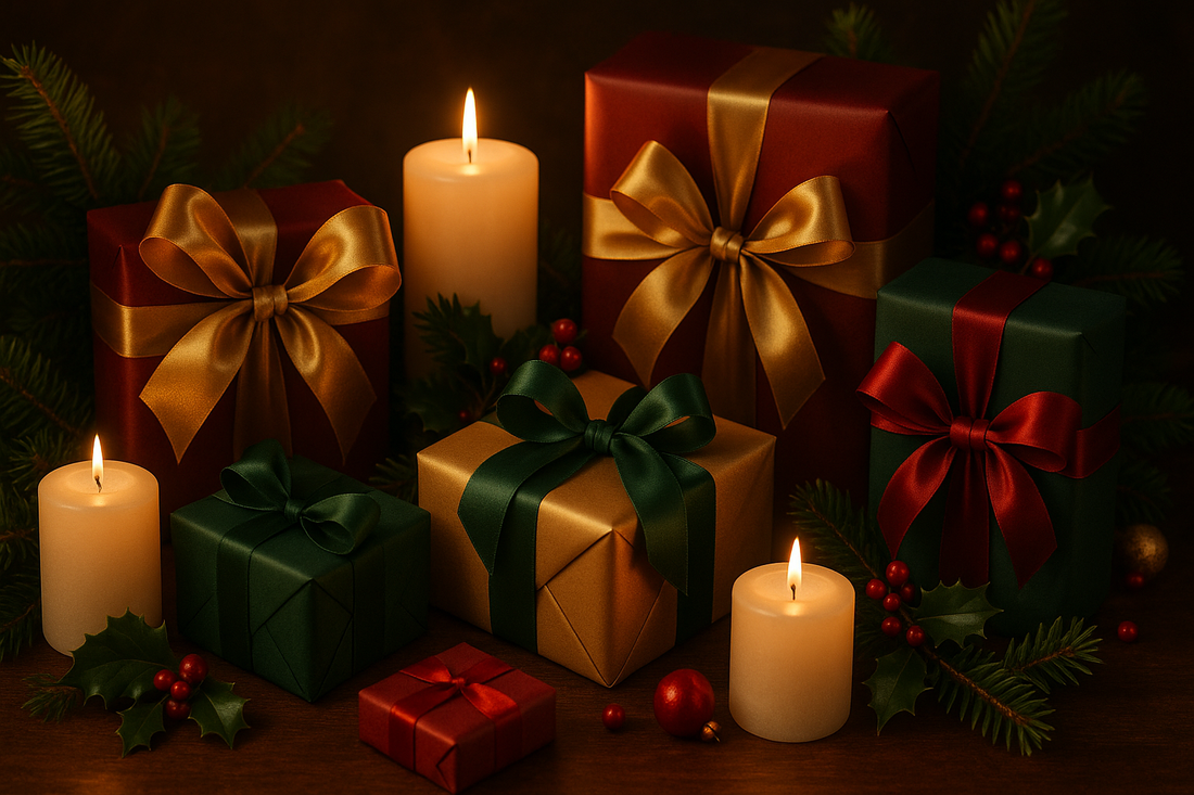 Luxury Christmas candles surrounded by festive gift boxes