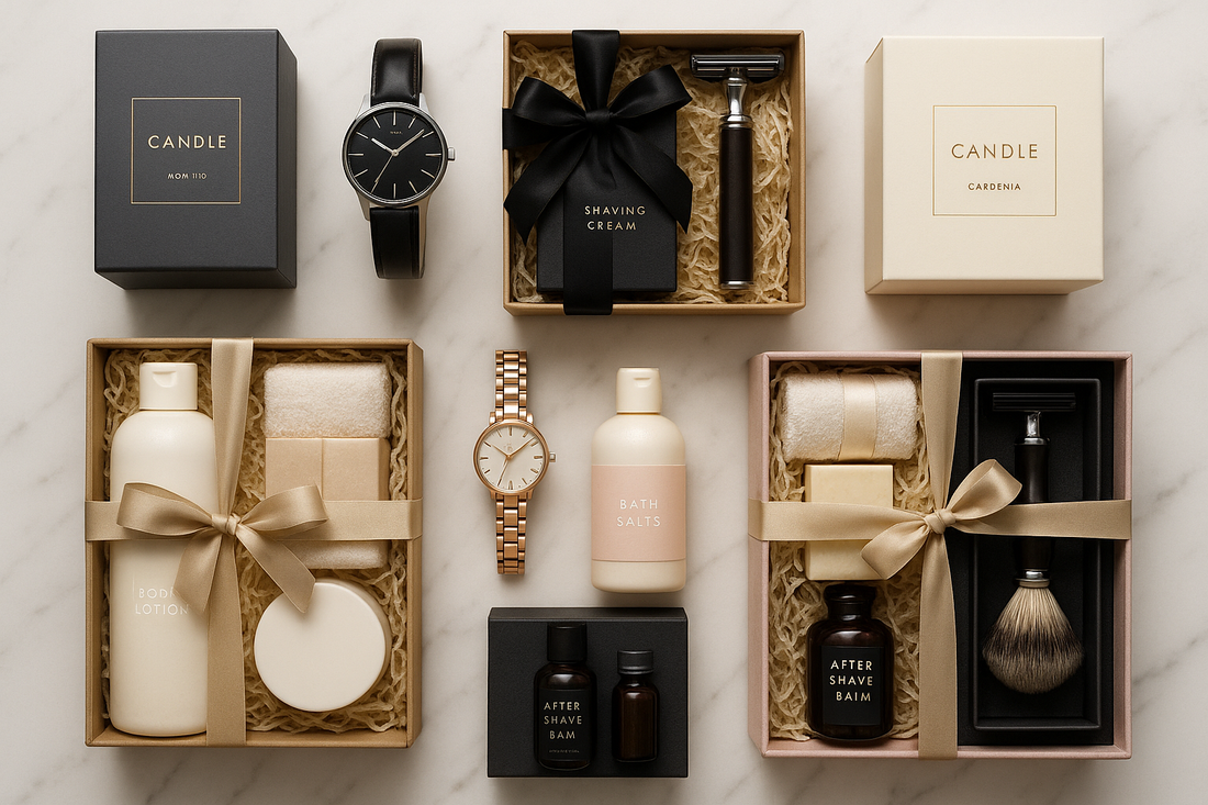 gifts laid out on a white worktop, candles, spa treatment, watches and soaps.