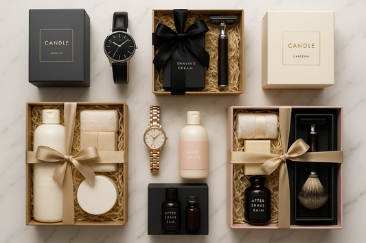 gifts laid out on a white worktop, candles, spa treatment, watches and soaps.