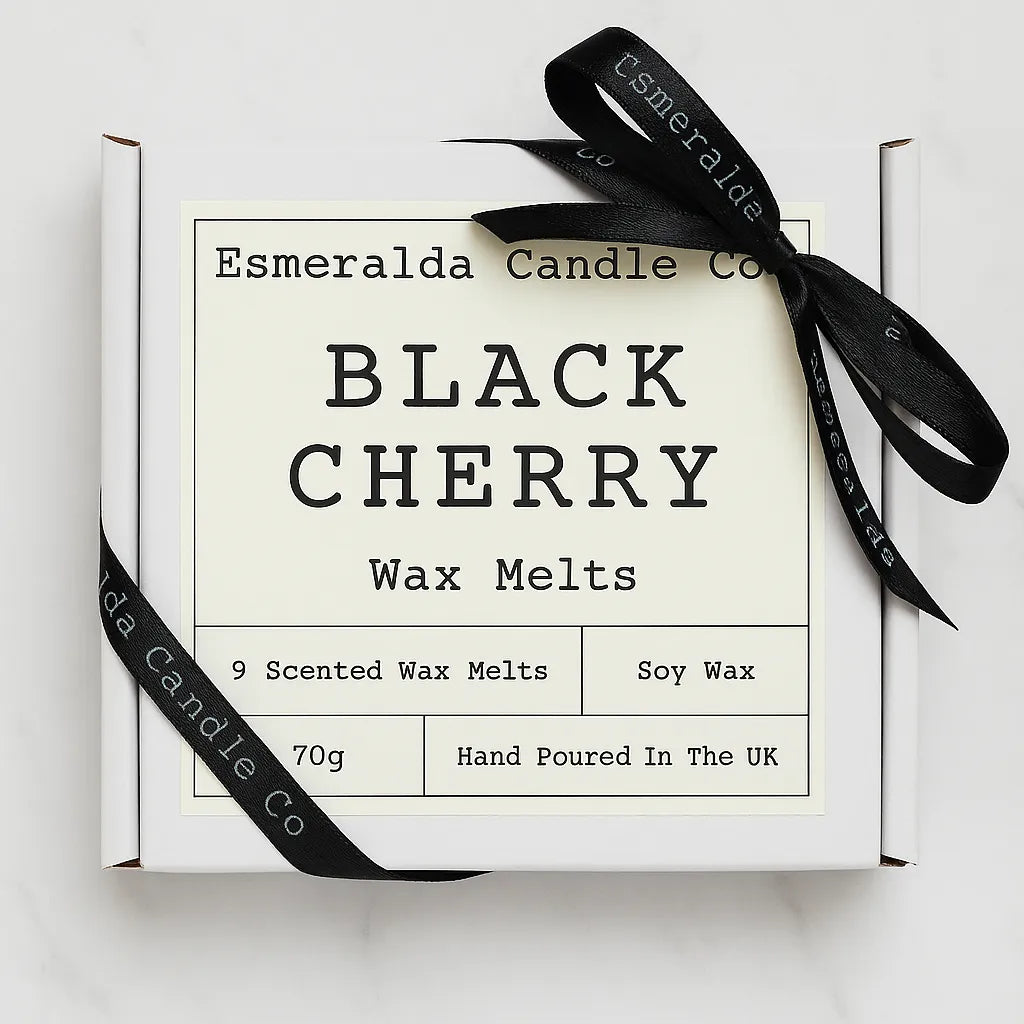 black cherry scented wax melts box by Esmeralda Candle Co come in a box of 9 and are great for home fragrance.