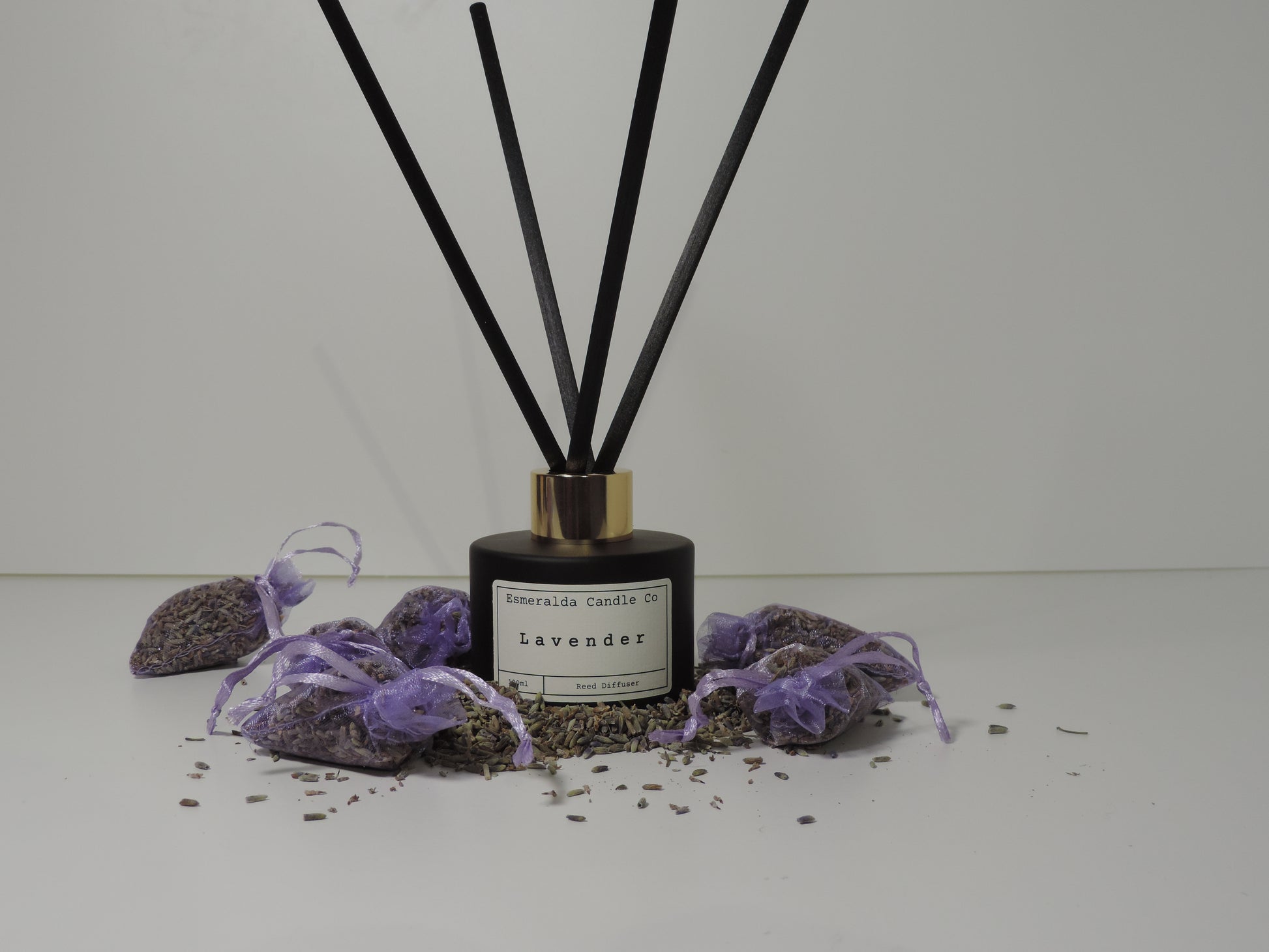 lavender scented reed diffuser in this matt black glass 100ml with 4 reeds by Esmeralda candle co