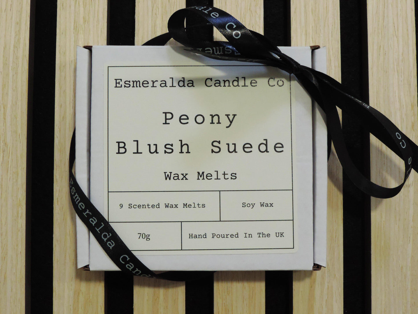 peony blush suede scented wax melts x9 in a box with a ribbon. by Esmeralda candle co