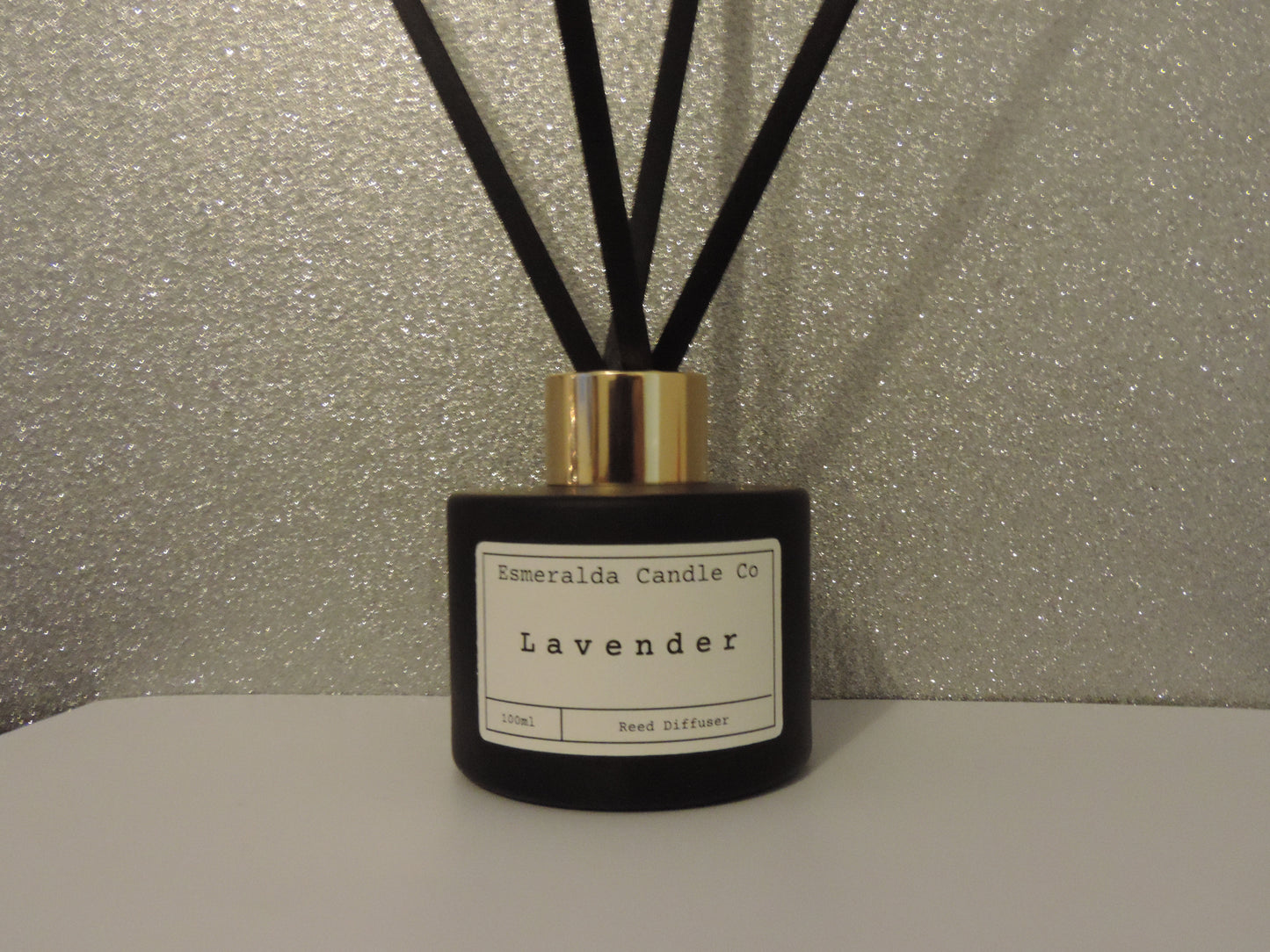 lavender scented reed diffuser in this matt black glass 100ml with 4 reeds by Esmeralda candle co