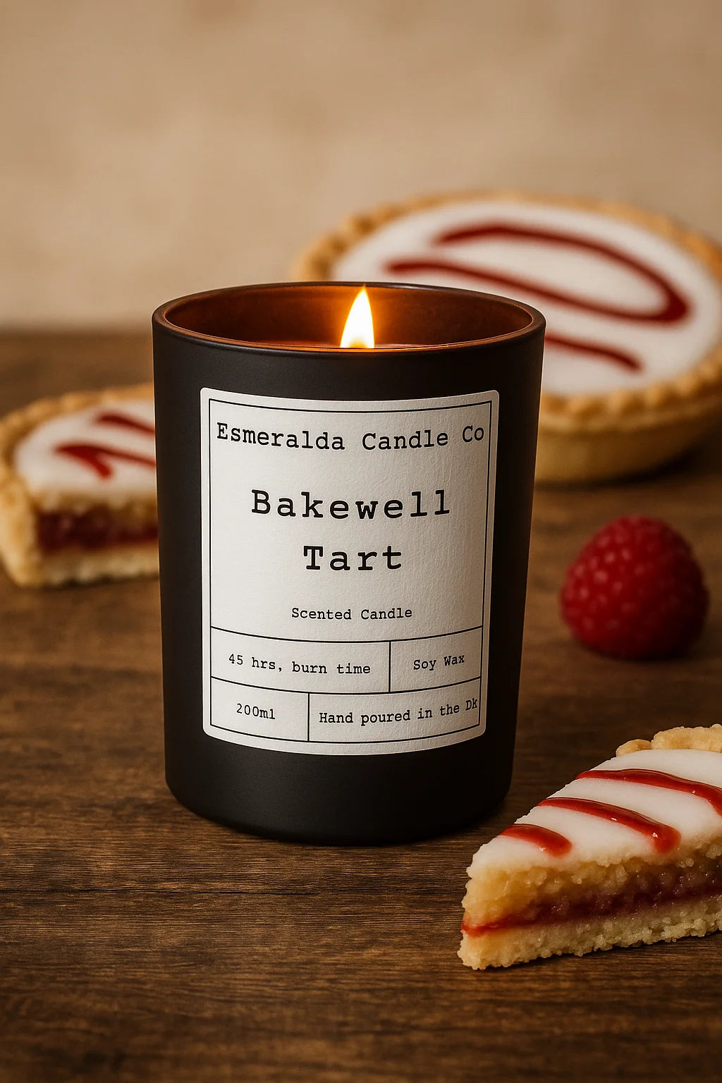 Esmeralda Candle Co Bakewell Tart scented soy wax candle burning on rustic wood table with traditional Bakewell tarts and raspberries in the background