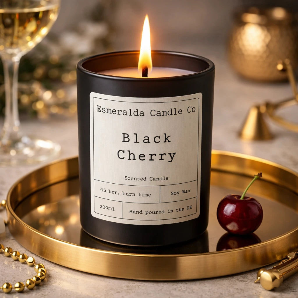 Black Cherry scented soy candle in matte black jar by Esmeralda Candle Co.