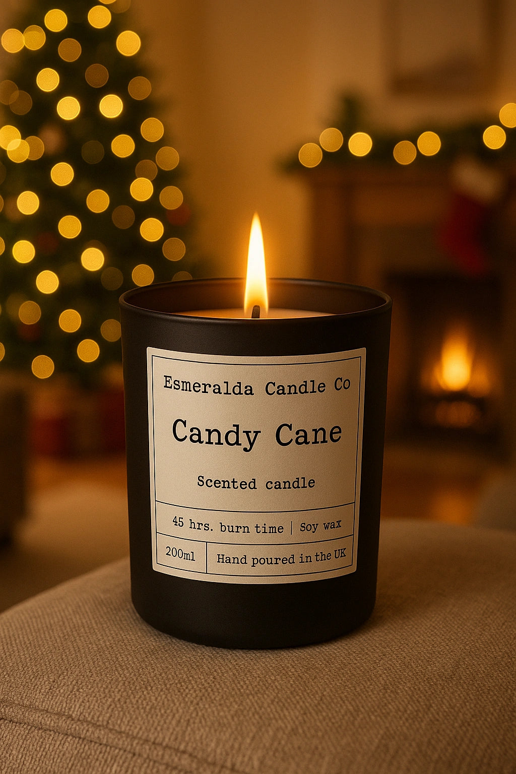 Candy Cane scented candle by Esmeralda Candle Co — hand-poured soy wax candle with 45-hour burn time, styled in a cosy living room with a Christmas tree and festive lights in the background.