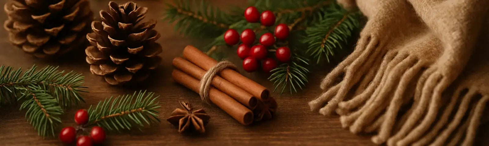 Christmas-themed arrangement with pine cones, cinnamon sticks, holly berries, and a scarf on a wooden surface.