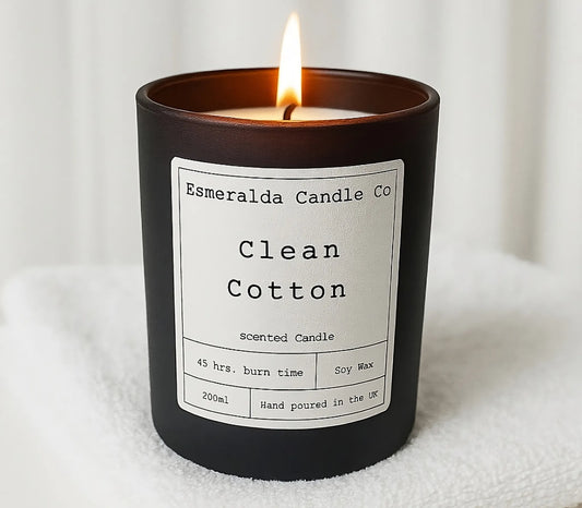 Esmeralda Candle Co Clean Cotton candle on a white surface
