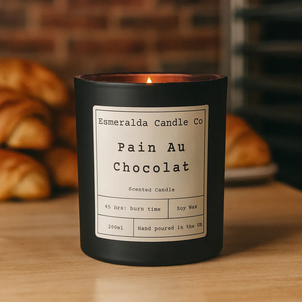 A lit black Esmeralda Candle Co. “Pain Au Chocolat” scented candle on a wooden counter, with golden croissants and bakery trays blurred in the background.