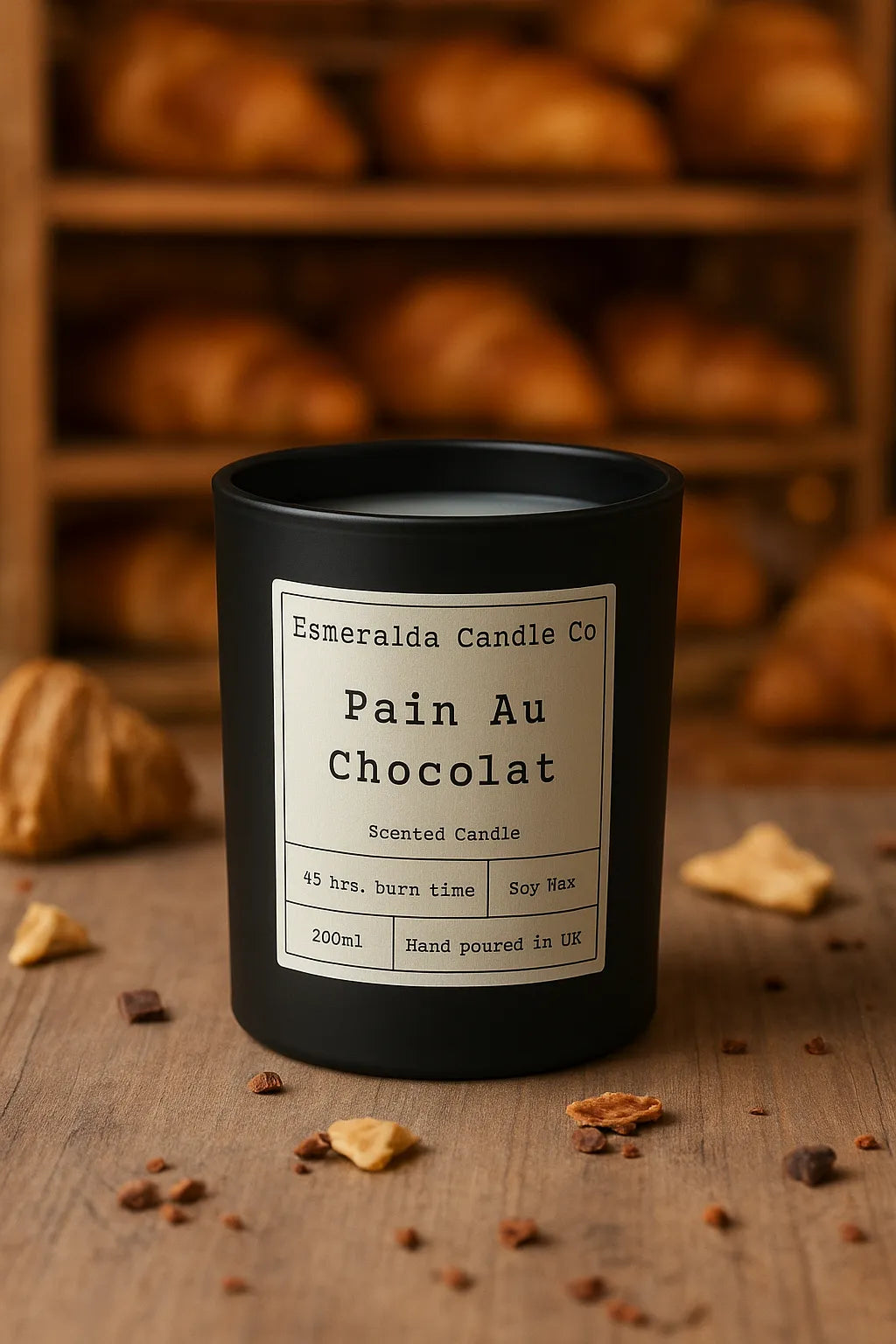 A matte black Esmeralda Candle Co. “Pain Au Chocolat” scented candle with a cream label reading 200ml and Hand poured in UK, placed on a rustic wooden table scattered with pastry flakes and chocolate pieces, with golden croissants blurred in the background.