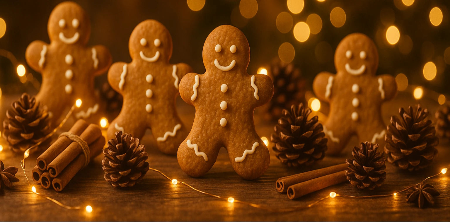 Gingerbread men with cinnamon sticks and pine cones on a wooden surface with a warm, blurred background.