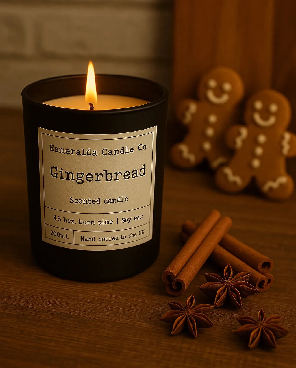 Gingerbread scented candle by Esmeralda Candle Co — hand-poured soy wax candle with 45-hour burn time, styled with cinnamon sticks, star anise, and gingerbread cookies for a festive holiday feel.