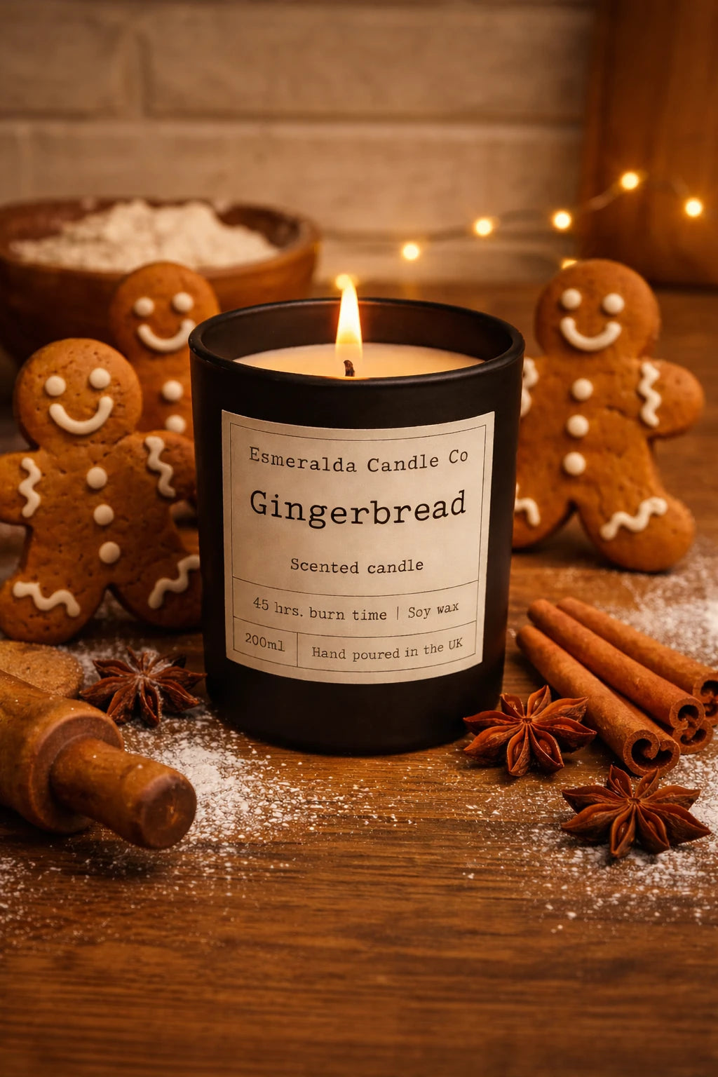Gingerbread scented candle with gingerbread men and spices on a wooden surface