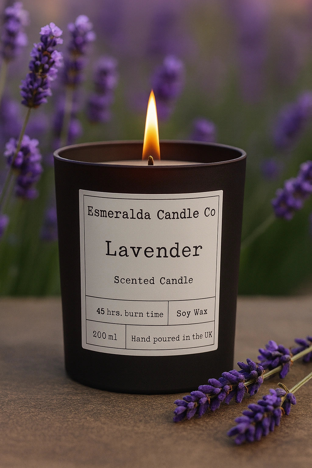 Lavender scented candle by Esmeralda Candle Co, hand-poured soy wax with 45 hours burn time, styled with lavender flowers in the background.