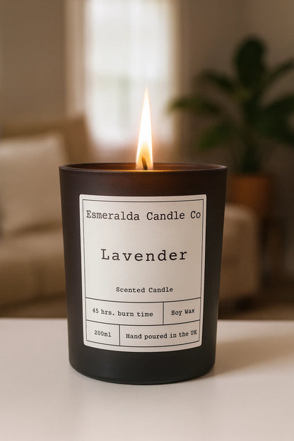 Lavender scented soy wax candle by Esmeralda Candle Co, hand-poured in the UK, displayed in a modern room setting.