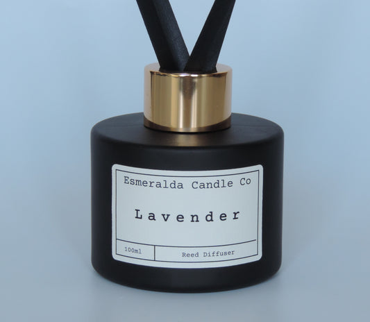 lavender scented reed diffuser in this matt black 100ml glass with 4 extra thick reeds and a gold lid 