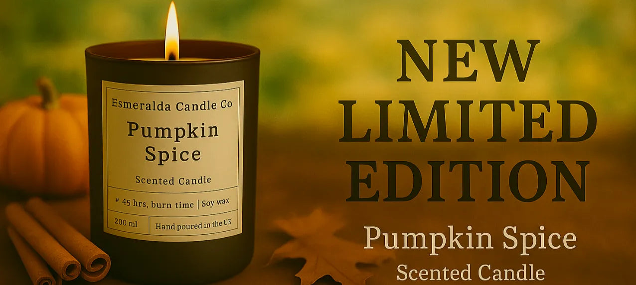 Pumpkin spice scented candle with label and autumn elements on a blurred background