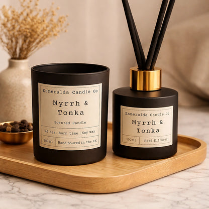 Esmeralda Candle Co Myrrh & Tonka gift set featuring a 200ml soy wax candle and 100ml reed diffuser, elegantly packaged together.
