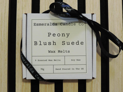 Esmeralda Candle Co Peony Blush Suede wax melts gift box with 9 scented soy wax melts, 70g, hand poured in the UK, floral luxury fragrance.