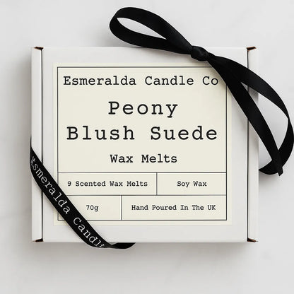 Esmeralda Candle Co Peony Blush Suede wax melts gift box with 9 scented soy wax melts, 70g, hand poured in the UK, floral luxury fragrance.
