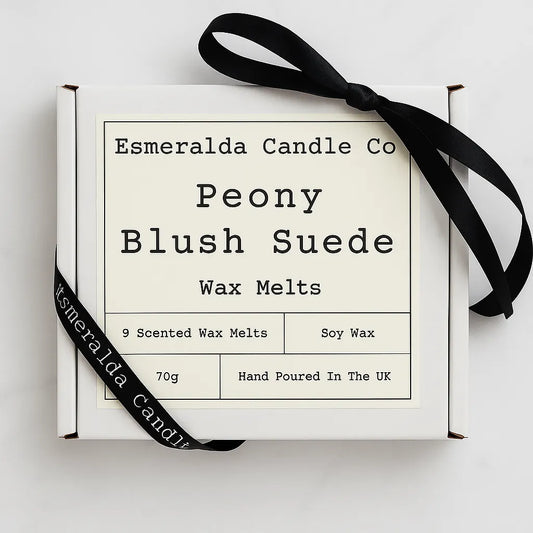Esmeralda Candle Co Peony Blush Suede wax melts gift box with 9 scented soy wax melts, 70g, hand poured in the UK, floral luxury fragrance.