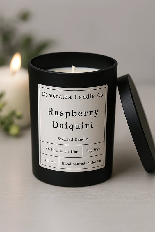 Esmeralda Candle Co Raspberry Daiquiri scented soy wax candle in matte black jar with lid, 200ml, hand-poured in the UK, fruity home fragrance with 45-hour burn time.