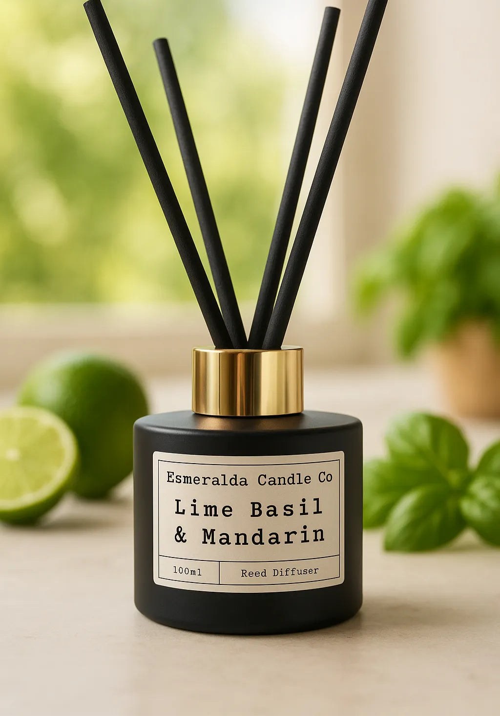 Black reed diffuser labelled 'Esmeralda Candle Co - Lime Basil & Mandarin' with black sticks, placed on a wooden surface with blurred background decor.