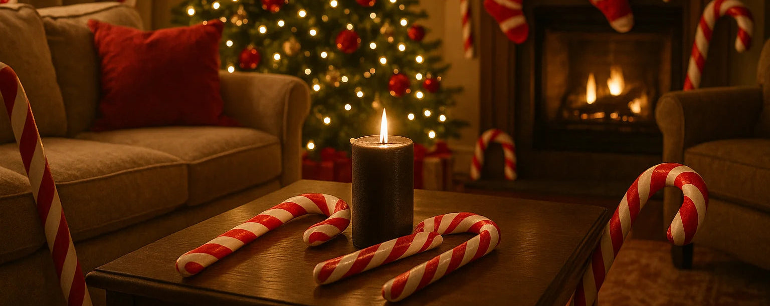 Cozy Christmas living room with decorated tree, stockings, and fireplace.