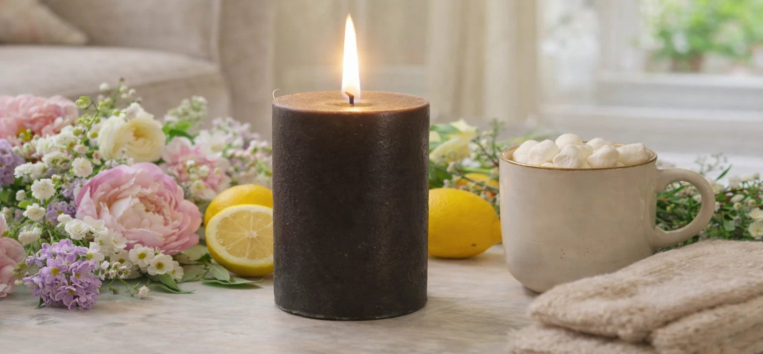 Candle, mug with hot chocolate, and flowers on a table in a cozy setting.