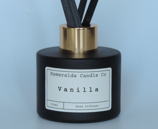 Vanilla scented reed diffuser in this matt black 100ml glass with 4 extra thick reeds and gold lid 