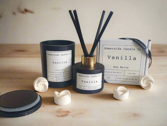 Vanilla-scented diffuser with packaging on a tiled surface