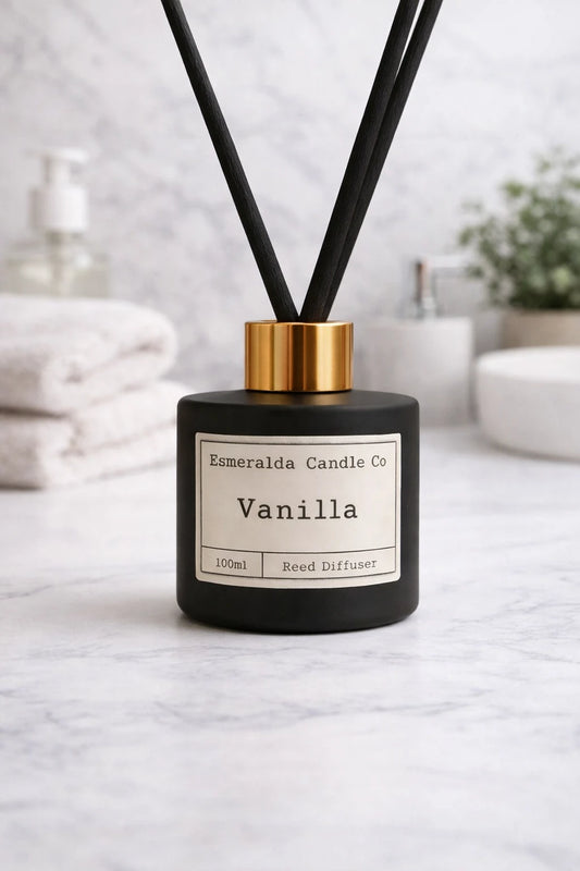 Esmeralda Candle Co vanilla reed diffuser styled on marbel table