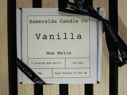 "Esmeralda Candle Co Vanilla wax melts gift box with 9 scented soy wax melts, 70g, hand poured in the UK, warm sweet home fragrance.